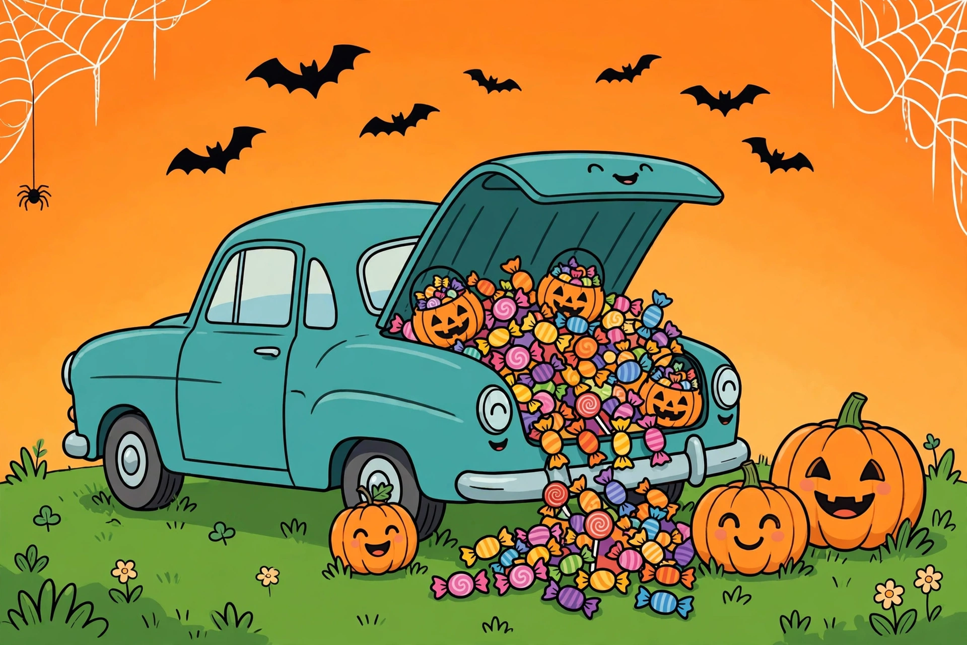 Cartoon car with trunk full of Halloween candy, pumpkins and bats