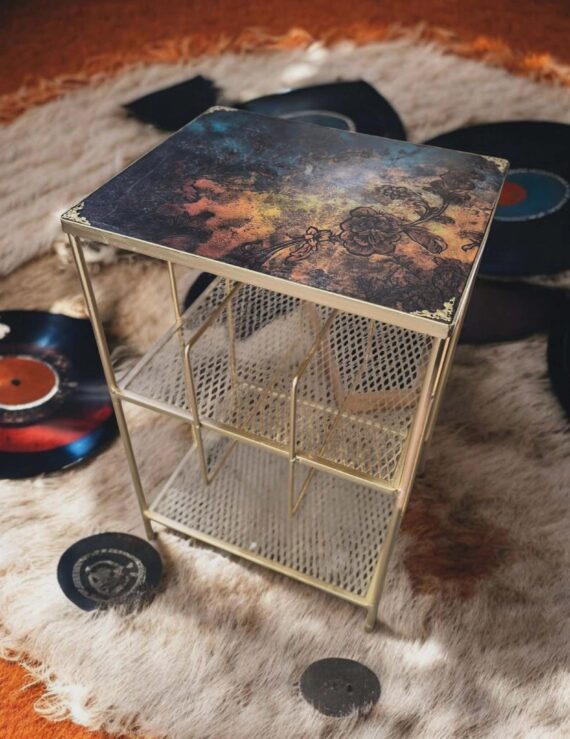 Vintage Metal Vinyl Record Storage Rack with Artistic Top - Image 1